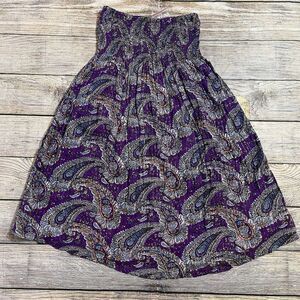 MKM Designs Women's Small Purple Paisley Strapless‎ Smocked Dress Metalic Y2K